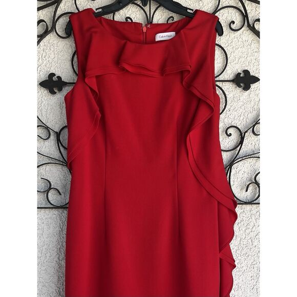 Calvin Klein Ruffled Sheath Dress - Size 4 - Red - Picture 2 of 8